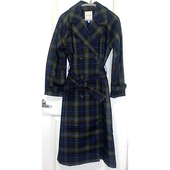 NWT Avec Les Filles Navy Blue Plaid Belted Trenchcoat (Oversize Fit) - Picture 5 of 8